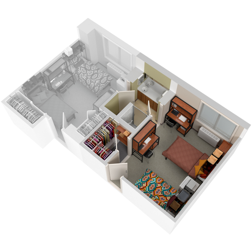 A 3D image of the 2BR/1BA – Charter floorplan, a 235 squarefoot, 2 bed / 1 bath unit