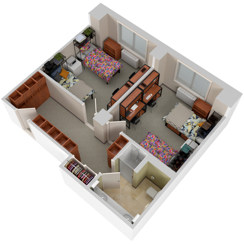 A 3D image of the 2BR/1BA – Dayton floorplan, a 427 squarefoot, 2 bed / 1 bath unit