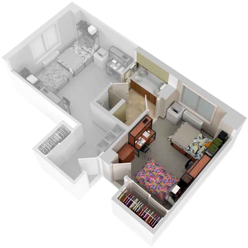 A 3D image of the 2BR/1BA – Park North floorplan, a 249 squarefoot, 2 bed / 1 bath unit