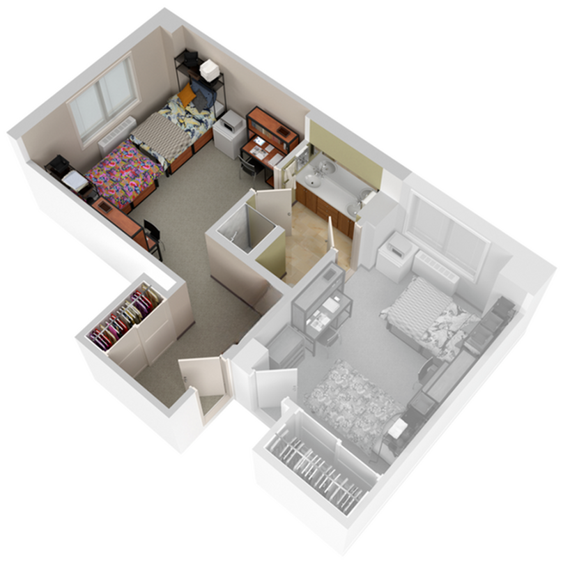 A 3D image of the 2BR/1BA – Park floorplan, a 286 squarefoot, 2 bed / 1 bath unit