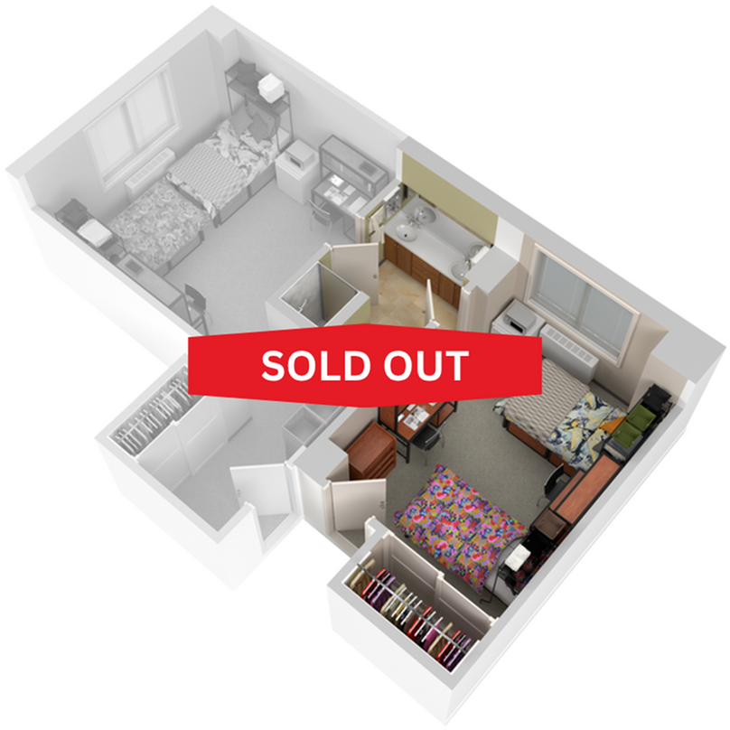 A 3D image of the 2BR/1BA – Park North floorplan, a 249 squarefoot, 2 bed / 1 bath unit