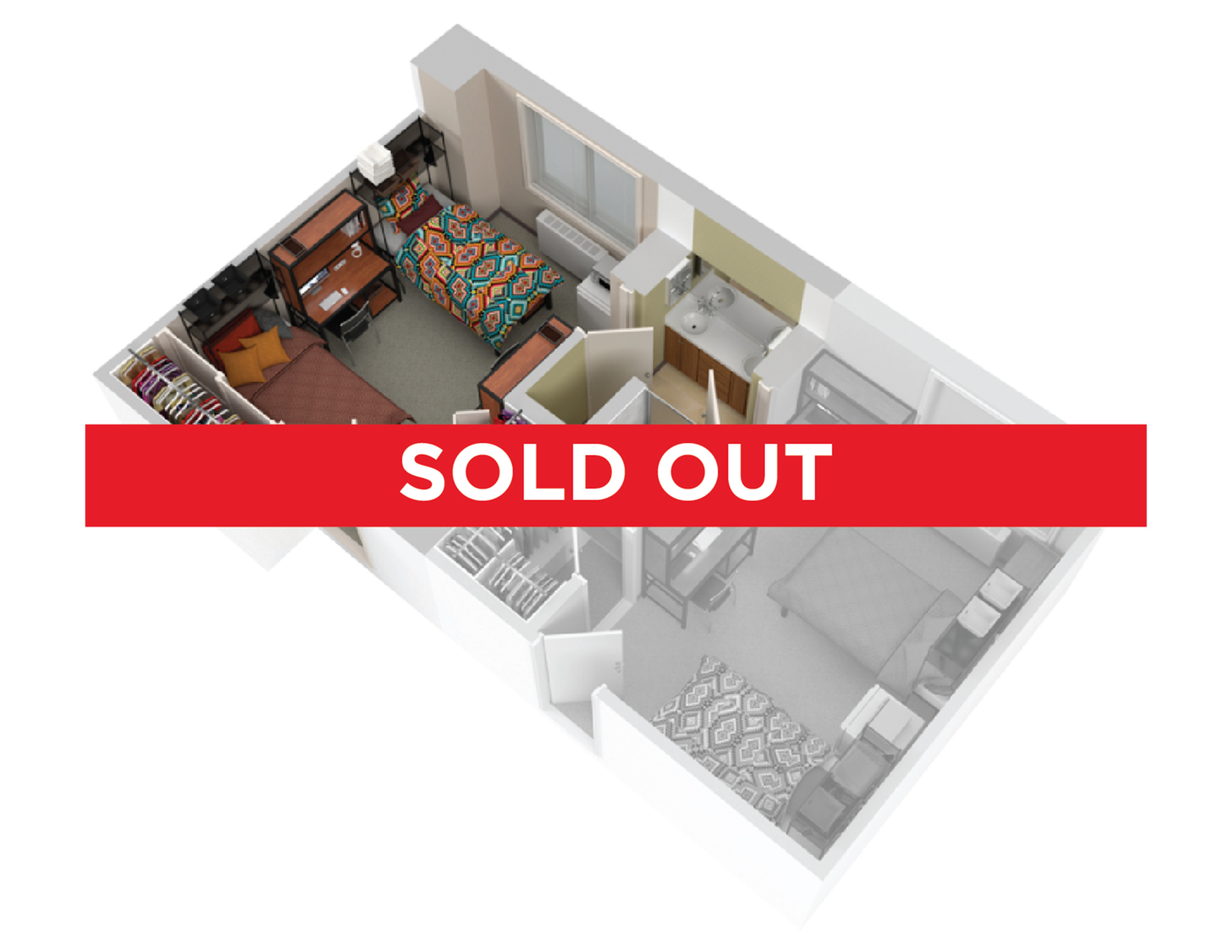 A 3D image of the 2BR/1BA – Lincoln floorplan, a 239 squarefoot, 2 bed / 1 bath unit