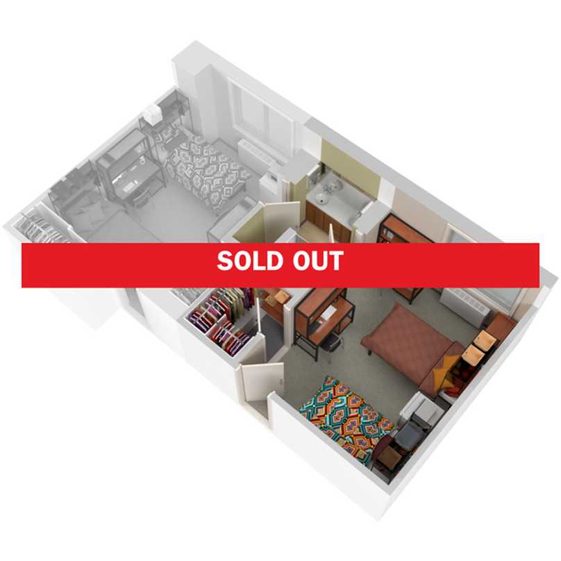 A 3D image of the 2BR/1BA – Charter floorplan, a 235 squarefoot, 2 bed / 1 bath unit