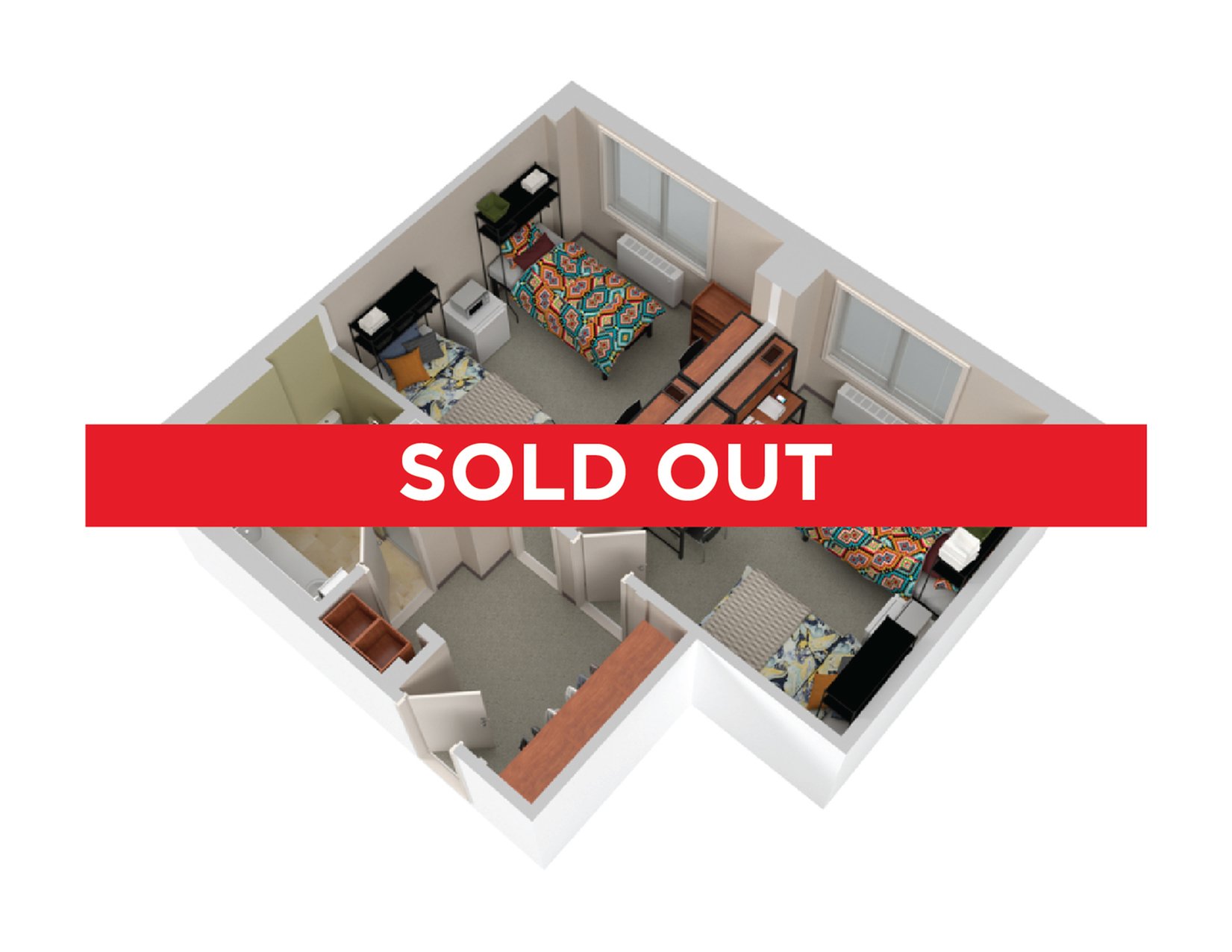 A 3D image of the 2BR/1BA – Broom floorplan, a 437 squarefoot, 2 bed / 1 bath unit