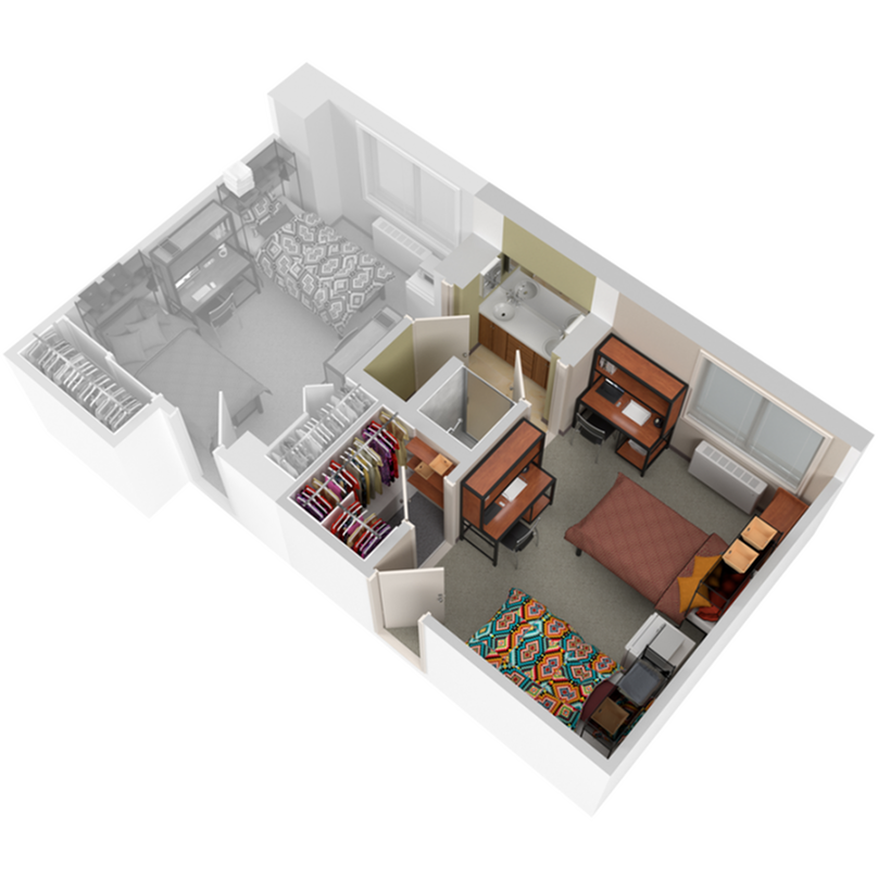 A 3D image of the 2BR/1BA – Charter floorplan, a 235 squarefoot, 2 bed / 1 bath unit