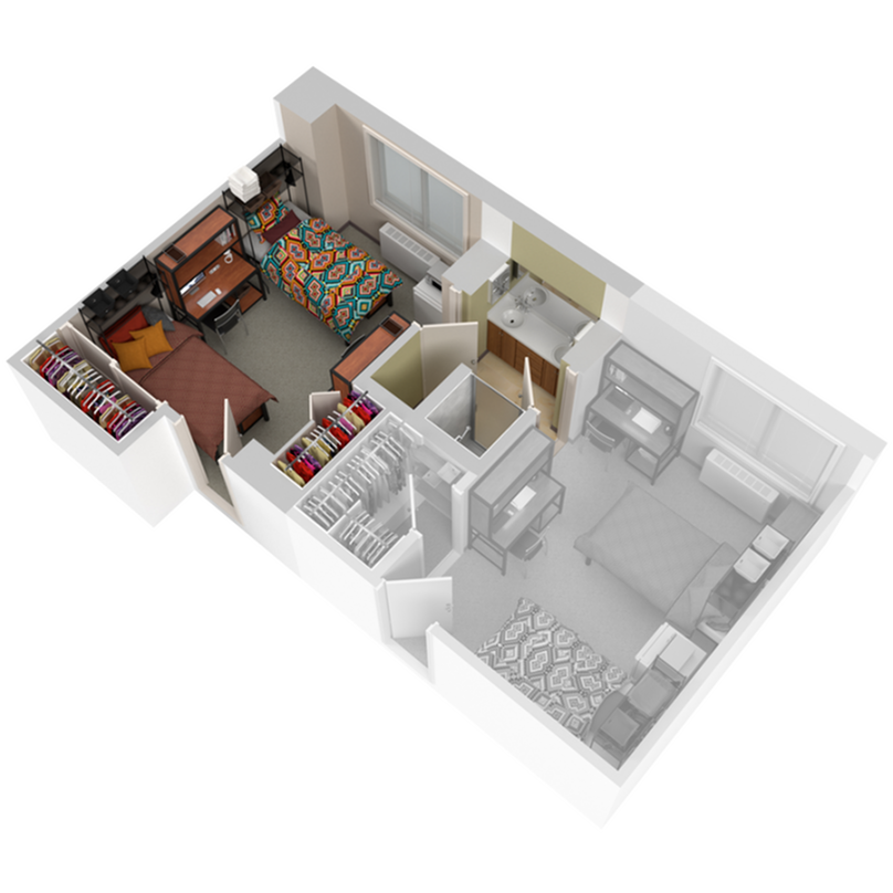 A 3D image of the 2BR/1BA – Lincoln floorplan, a 239 squarefoot, 2 bed / 1 bath unit