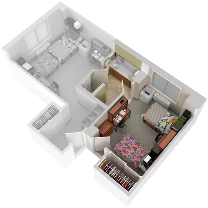 A 3D image of the 2BR/1BA – Park North floorplan, a 249 squarefoot, 2 bed / 1 bath unit